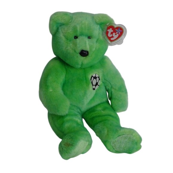 Vtg Ty Beanie Buddy Kicks Bear Soccer Green Stuffed Animal Plush Soft Toy 14" - Picture 1 of 13